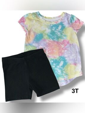 Cat & Jack Pastel Tie-Dye Tee with Black Bike Shorts Size 3T